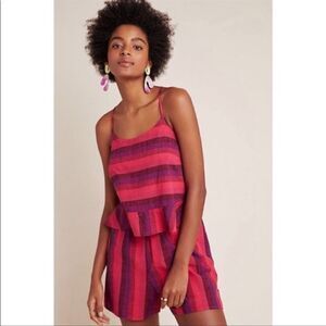 Amadi Anthropologie Striped Romper Linen Purple Pink Ruffle Sleeveless